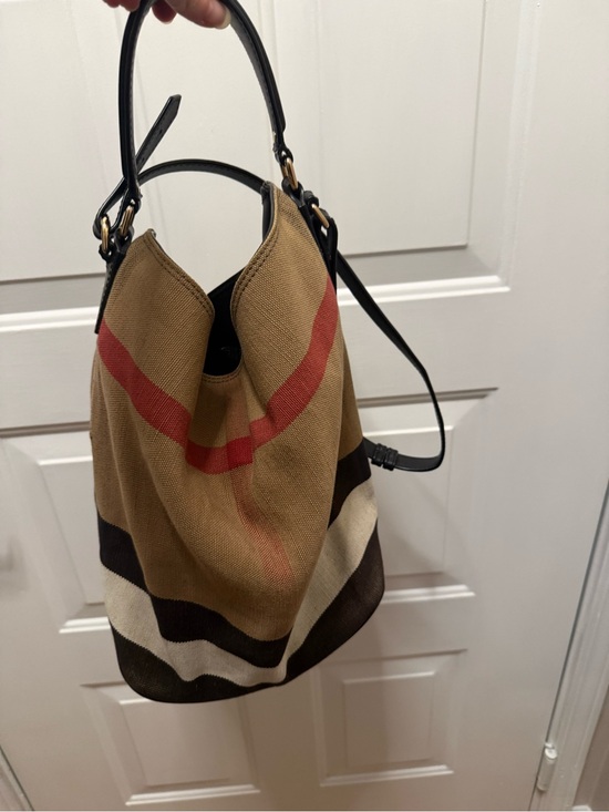 Burberry Handbags - Burberry Tan Burlap Shoulder Bag with Red, Black & Cream Stripes